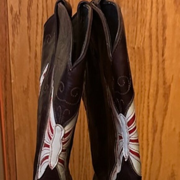EUC Dingo Women's Brown Cowboy Boots Red Butterfly Inlay Leather size- 8.5 - Picture 2 of 9